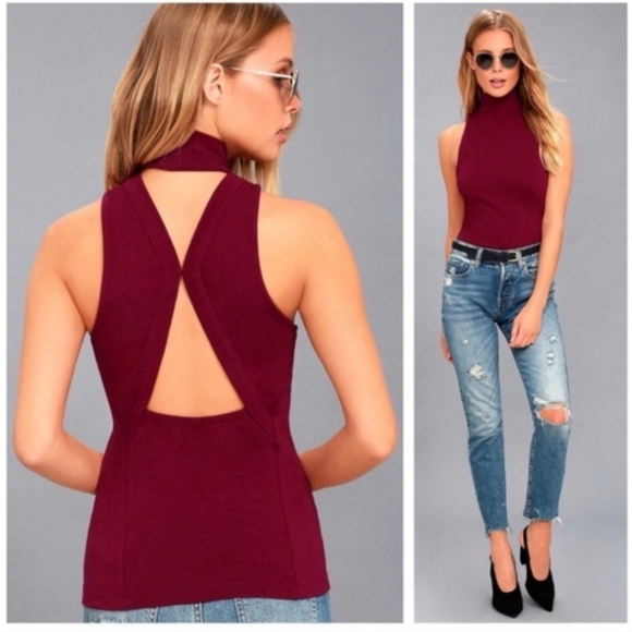 Free People Tops - Free People Boa Vista Berry Red Mock Neck Tank Top Size Small